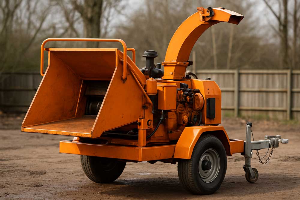 Biotrituradora industrial profesional montada sobre remolque, utilizada para triturar grandes volúmenes de ramas y troncos. Su diseño robusto y motor potente la hacen ideal para empresas de mantenimiento urbano y gestión de residuos verdes.
