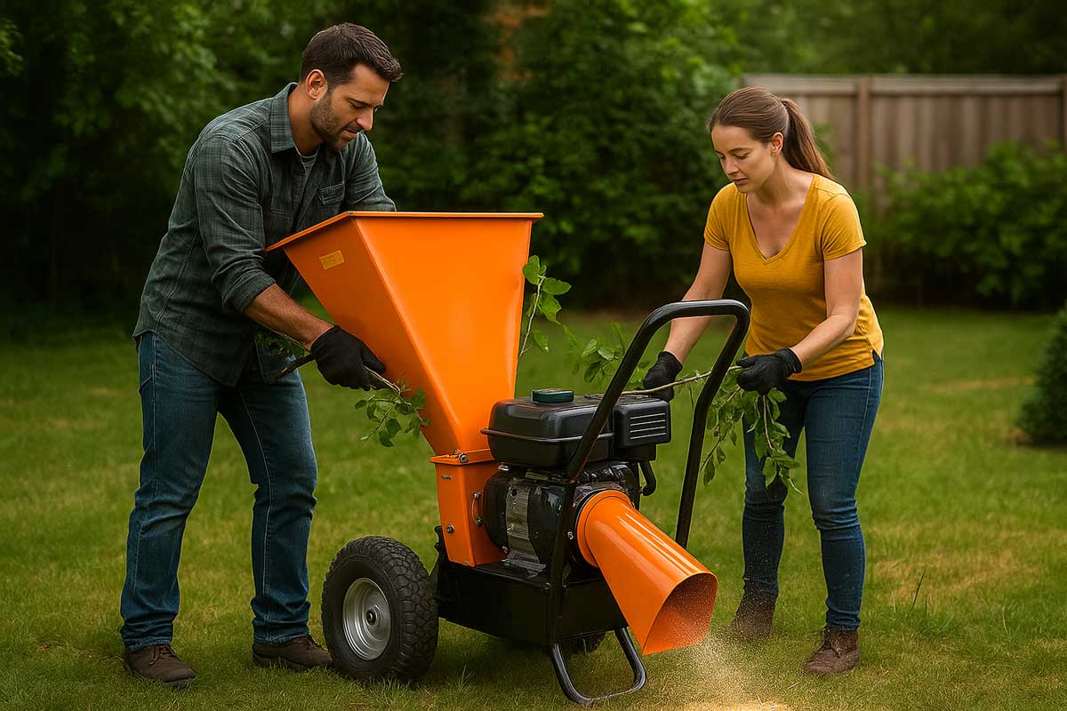 Biotrituradora-industrial-utilizada-por-2-personas-en-el-jardin. Una pareja utiliza una biotrituradora industrial de color naranja en un jardín para triturar ramas y restos vegetales. Este equipo compacto facilita el reciclaje de residuos orgánicos y la producción de compost. Ideal para trabajos de jardinería doméstica o profesional.