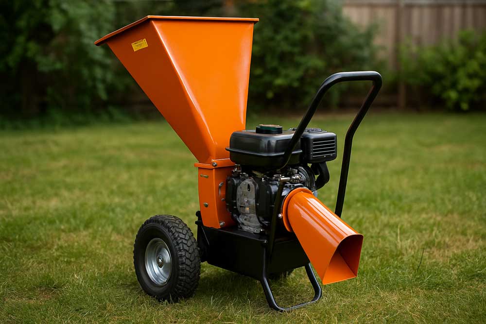 Biotrituradora industrial de gasolina con tolva ancha y ruedas grandes, diseñada para triturar ramas, hojas y residuos de jardín. Máquina eficiente y potente para la reducción de volumen de desechos vegetales en entornos domésticos o semi profesionales.